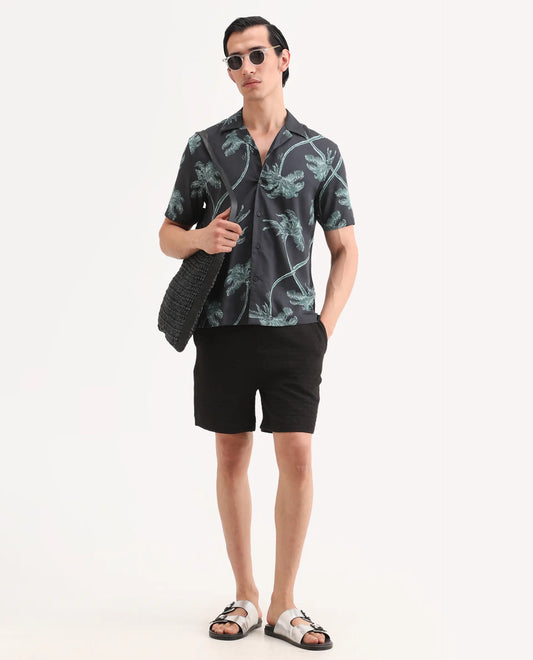 Rare Rabbit Men's Jas-2-Sh Black Polyester Blend Fabric Oversize Fit Jacquard Shorts