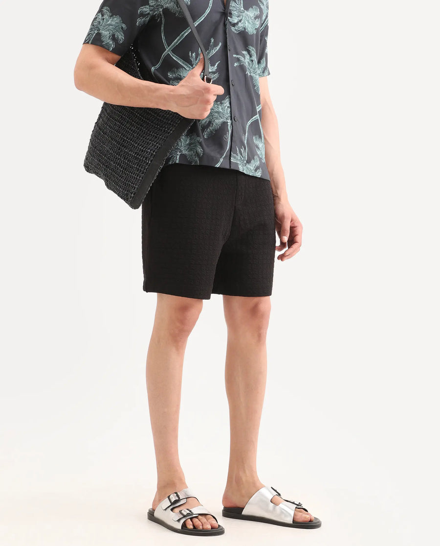 Rare Rabbit Men's Jas-2-Sh Black Polyester Blend Fabric Oversize Fit Jacquard Shorts