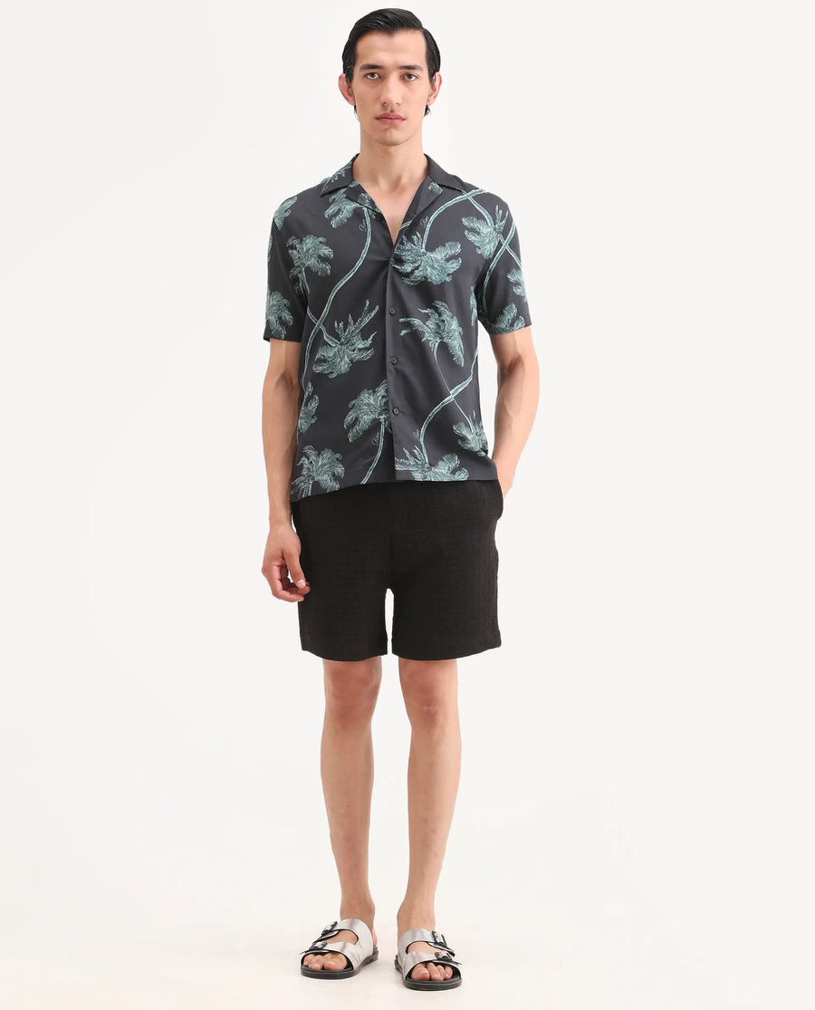 Rare Rabbit Men's Jas-2-Sh Black Polyester Blend Fabric Oversize Fit Jacquard Shorts