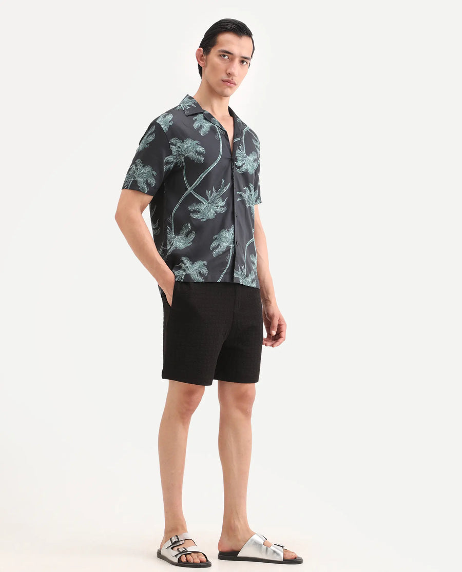 Rare Rabbit Men's Jas-2-Sh Black Polyester Blend Fabric Oversize Fit Jacquard Shorts