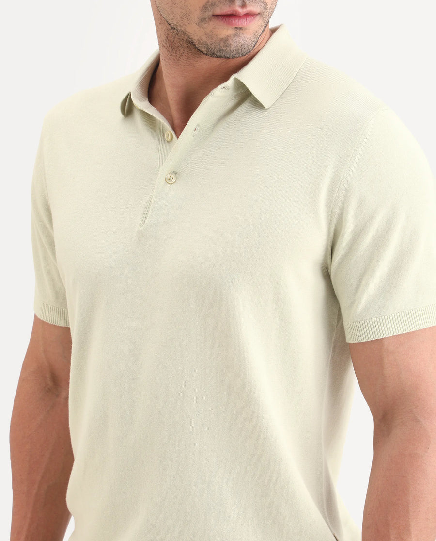 Rare Rabbit Men's Arc Fluorescent Green Cotton Fabric Half Sleeve Spread Collar Regular Plain Polo