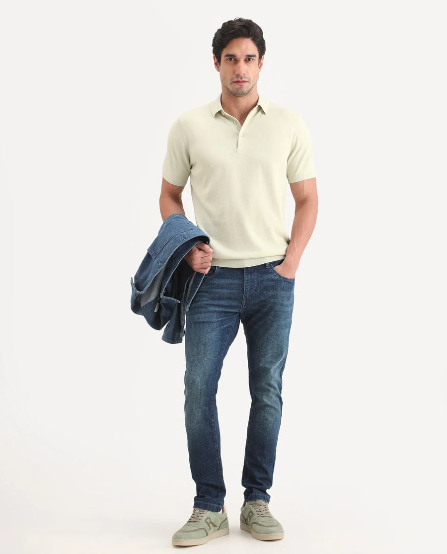 Rare Rabbit Men's Arc Fluorescent Green Cotton Fabric Half Sleeve Spread Collar Regular Plain Polo