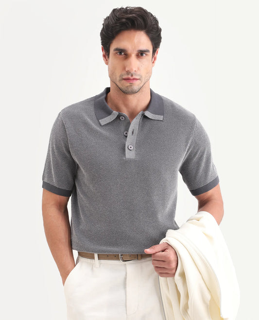 Rare Rabbit Men's Erme Dark Grey Cotton Fabric Half Sleeve Spread Collar Regular Jacquard Polo