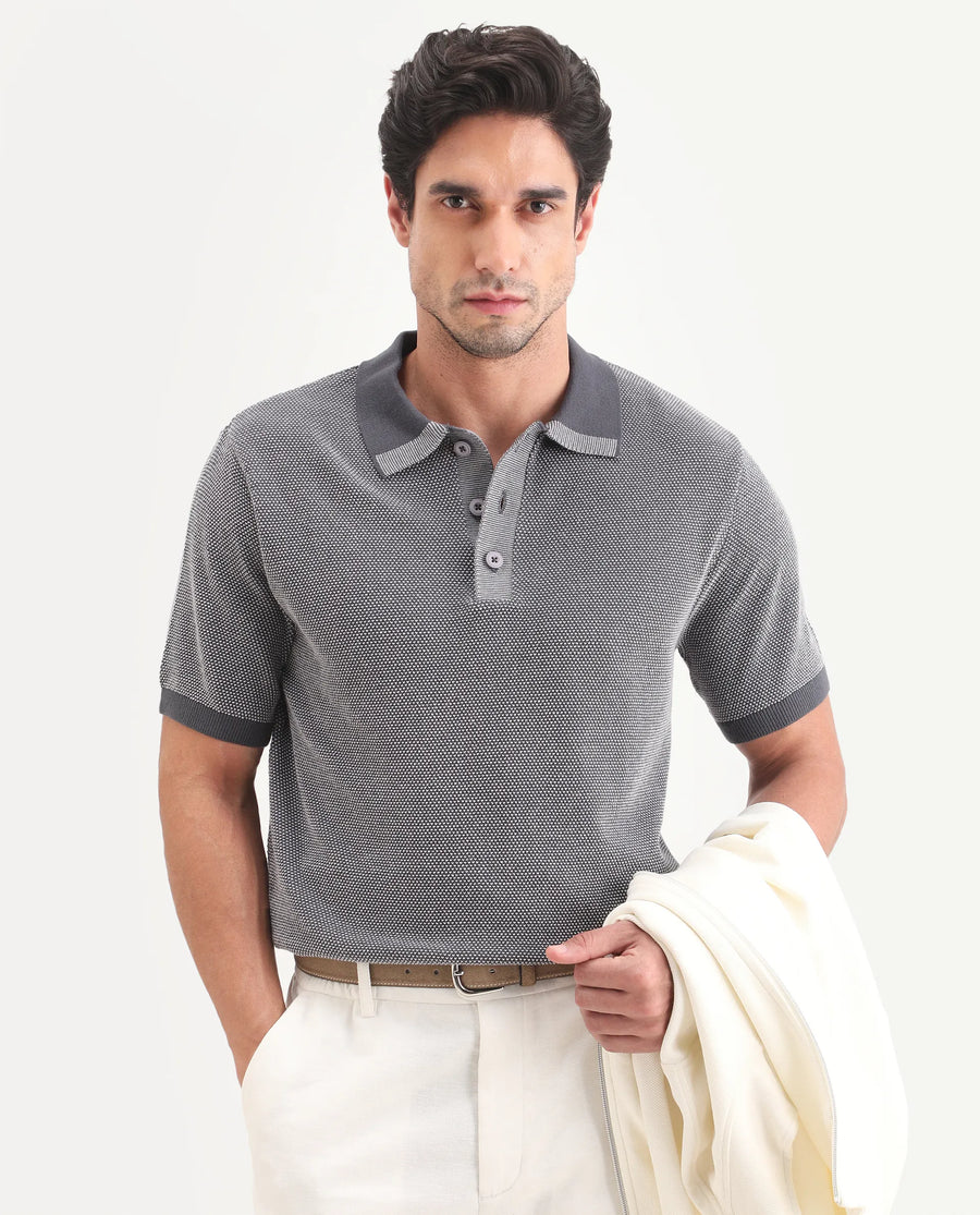 Rare Rabbit Men's Erme Dark Grey Cotton Fabric Half Sleeve Spread Collar Regular Jacquard Polo