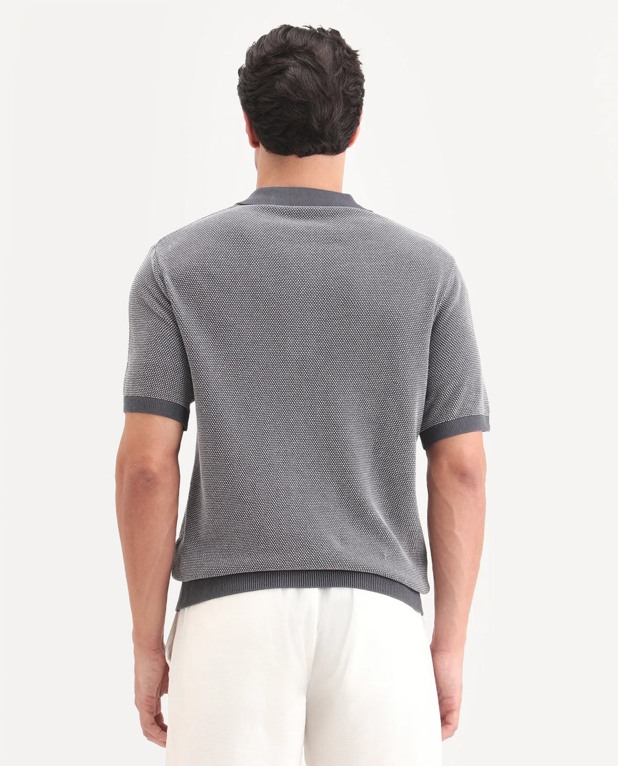 Rare Rabbit Men's Erme Dark Grey Cotton Fabric Half Sleeve Spread Collar Regular Jacquard Polo