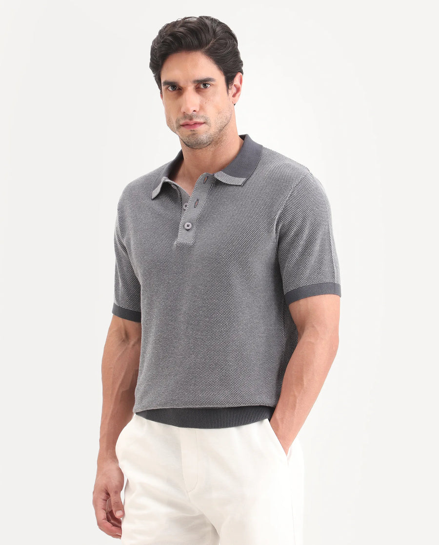 Rare Rabbit Men's Erme Dark Grey Cotton Fabric Half Sleeve Spread Collar Regular Jacquard Polo