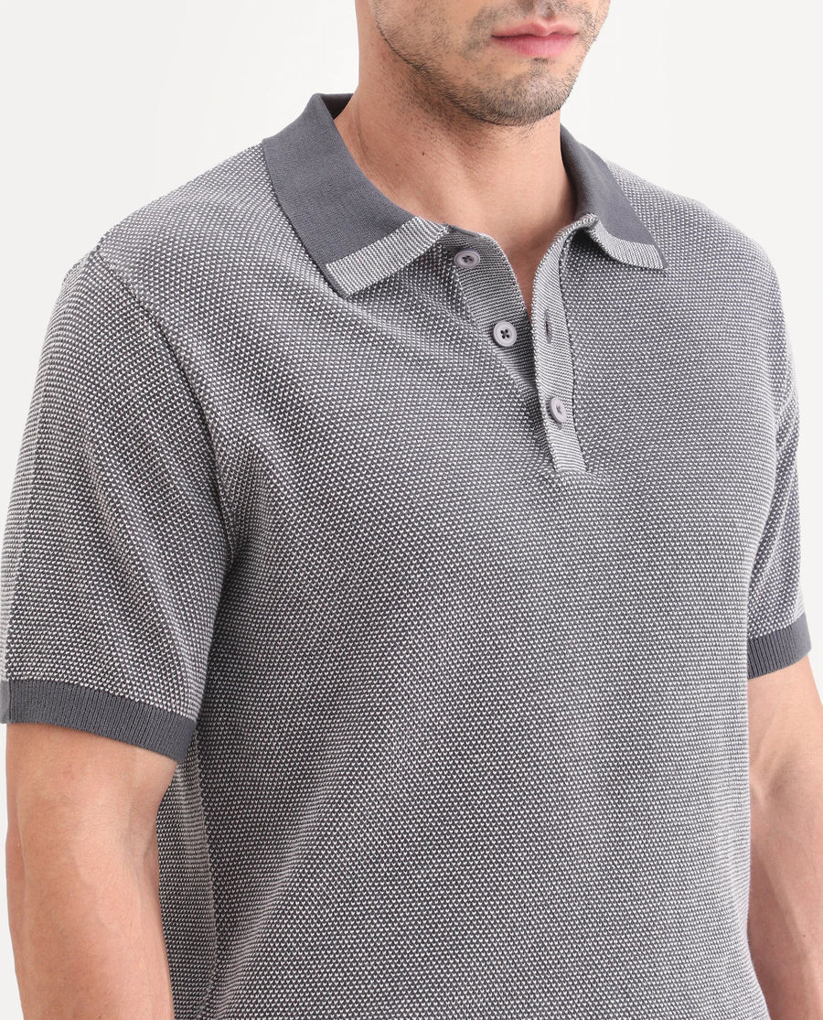 Rare Rabbit Men's Erme Dark Grey Cotton Fabric Half Sleeve Spread Collar Regular Jacquard Polo