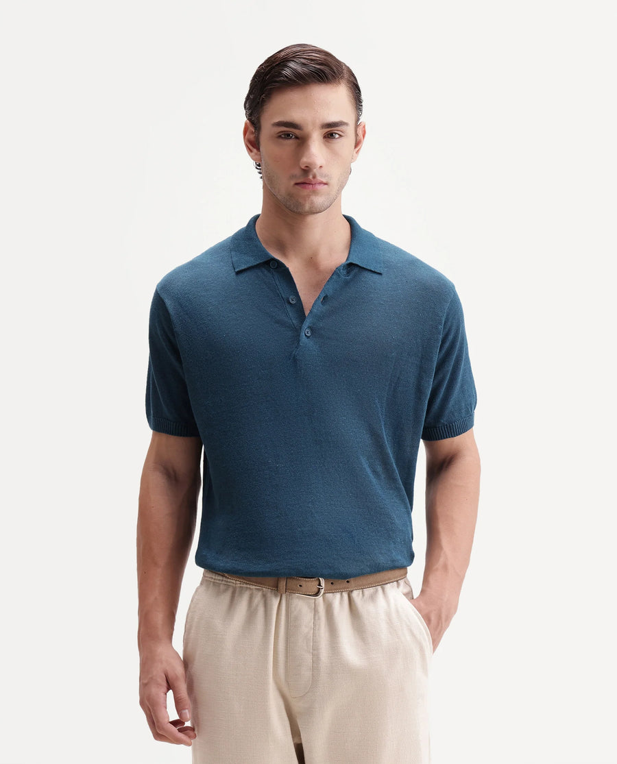 Rare Rabbit Men's Mekko-S26 Dark Teal Linen Blend Fabric Half Sleeve Spread Collar Regular Plain Polo