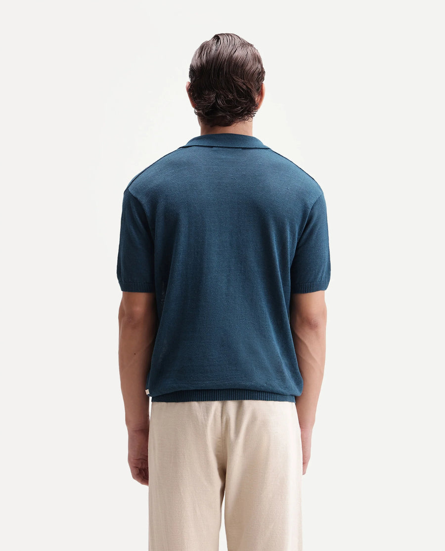Rare Rabbit Men's Mekko-S26 Dark Teal Linen Blend Fabric Half Sleeve Spread Collar Regular Plain Polo