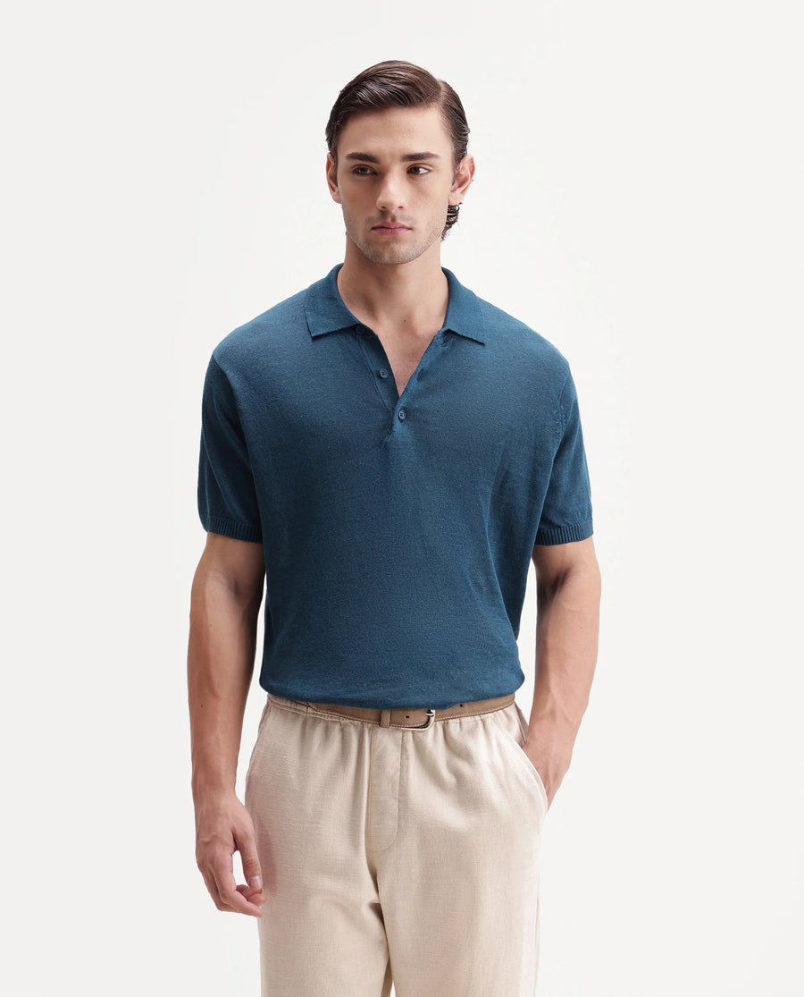 Rare Rabbit Men's Mekko-S26 Dark Teal Linen Blend Fabric Half Sleeve Spread Collar Regular Plain Polo