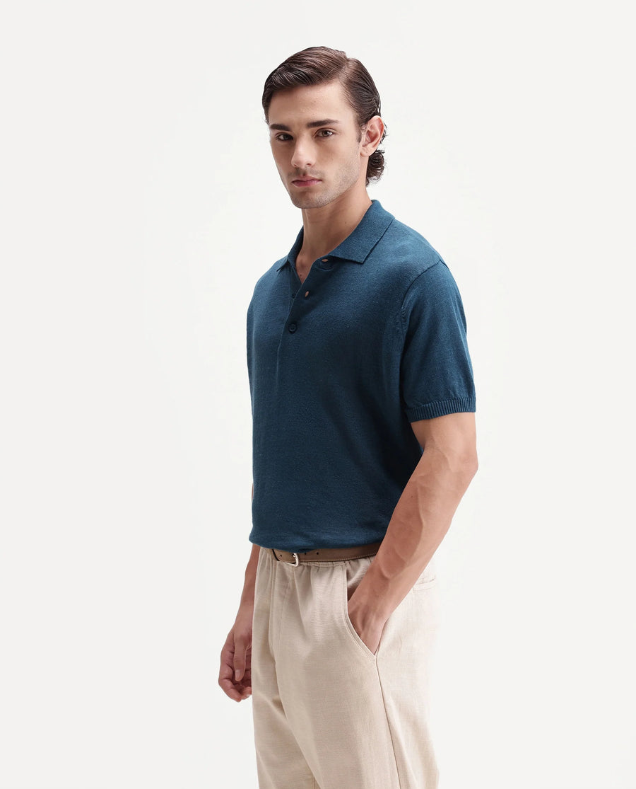 Rare Rabbit Men's Mekko-S26 Dark Teal Linen Blend Fabric Half Sleeve Spread Collar Regular Plain Polo