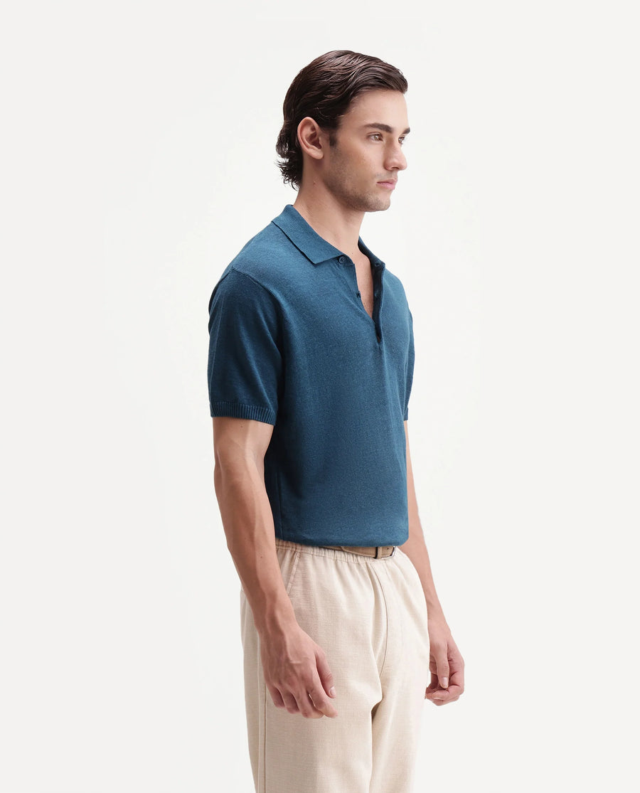 Rare Rabbit Men's Mekko-S26 Dark Teal Linen Blend Fabric Half Sleeve Spread Collar Regular Plain Polo