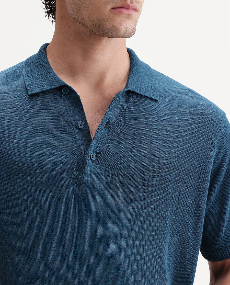 Rare Rabbit Men's Mekko-S26 Dark Teal Linen Blend Fabric Half Sleeve Spread Collar Regular Plain Polo