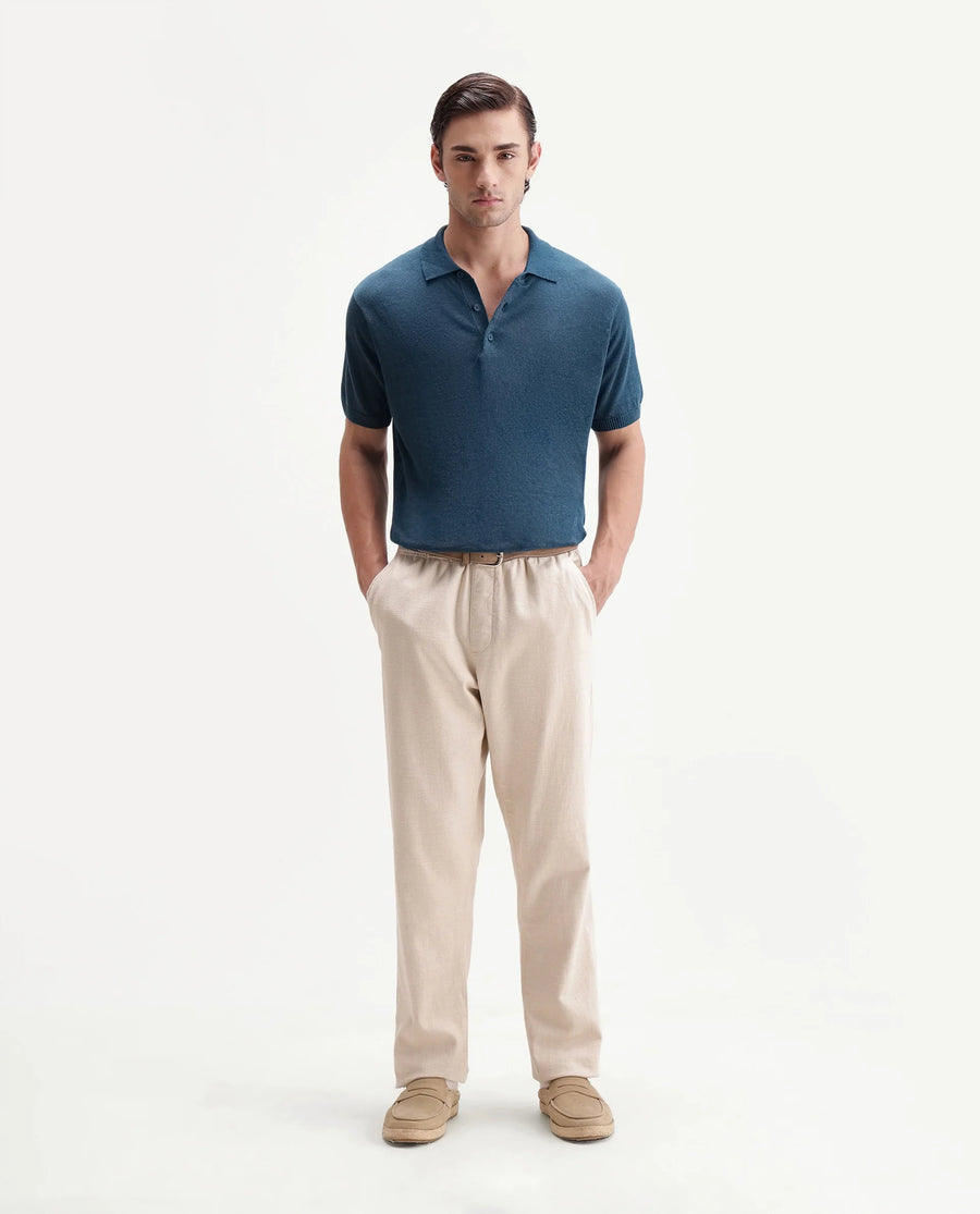 Rare Rabbit Men's Mekko-S26 Dark Teal Linen Blend Fabric Half Sleeve Spread Collar Regular Plain Polo
