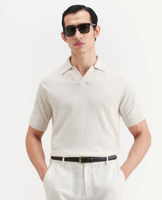 Rare Rabbit Men's Flay Off White Cotton Fabric Half Sleeve Jonny Collar Regular Jcaquard Polo