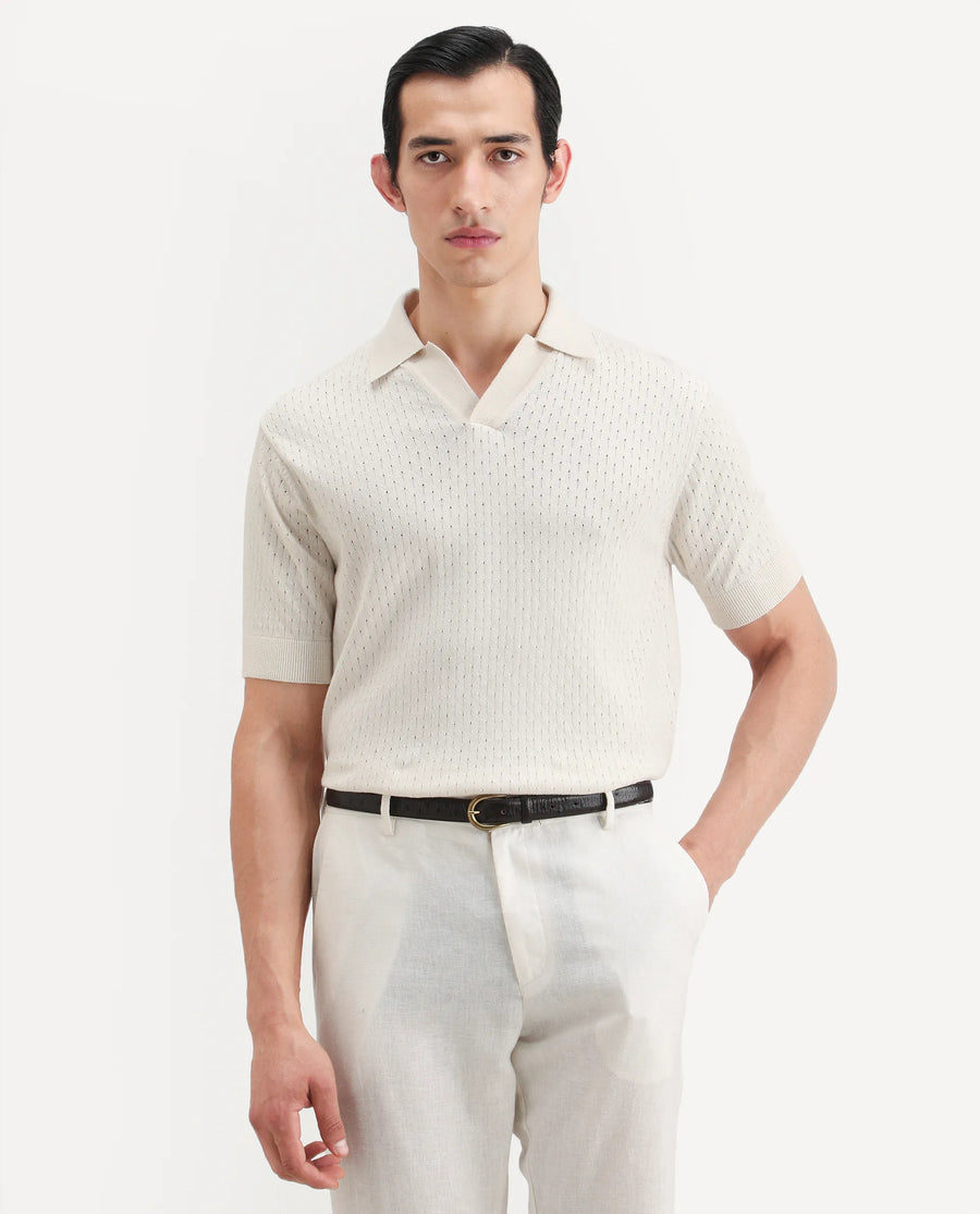 Rare Rabbit Men's Flay Off White Cotton Fabric Half Sleeve Jonny Collar Regular Jcaquard Polo