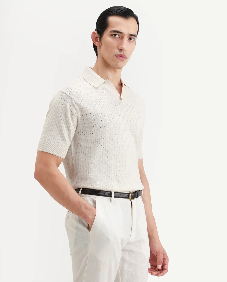 Rare Rabbit Men's Flay Off White Cotton Fabric Half Sleeve Jonny Collar Regular Jcaquard Polo