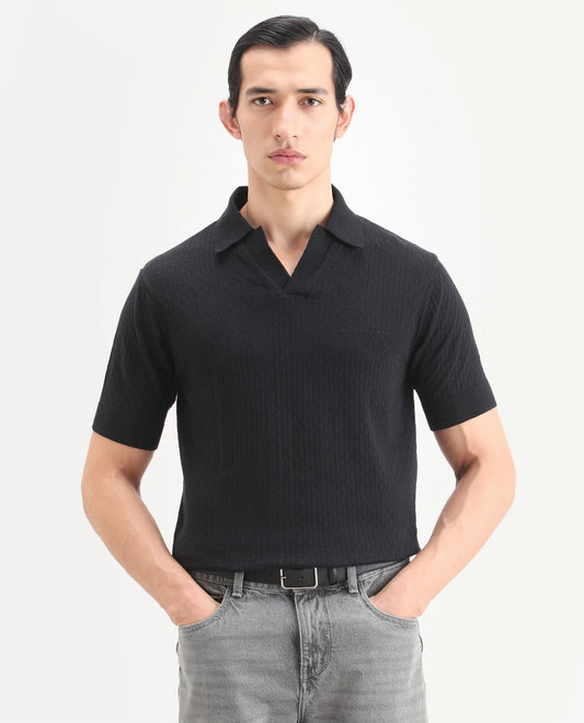 Rare Rabbit Men's Flay Black Cotton Fabric Half Sleeve Johnny Collar Regular Jacquard Polo