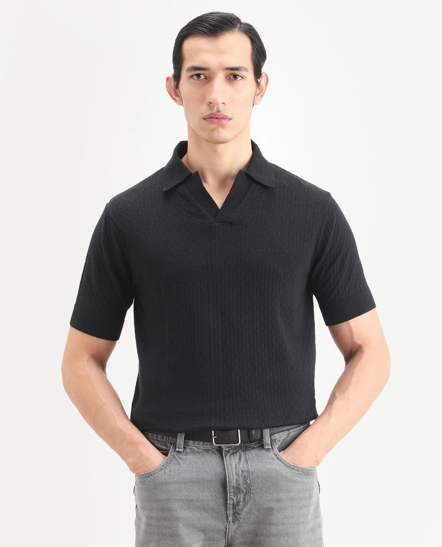 Rare Rabbit Men's Flay Black Cotton Fabric Half Sleeve Johnny Collar Regular Jacquard Polo