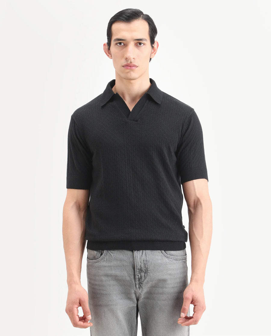 Rare Rabbit Men's Flay Black Cotton Fabric Half Sleeve Johnny Collar Regular Jacquard Polo