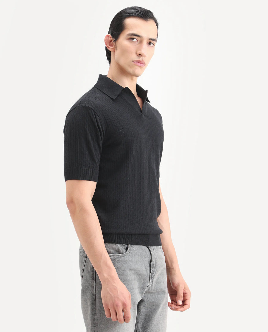 Rare Rabbit Men's Flay Black Cotton Fabric Half Sleeve Johnny Collar Regular Jacquard Polo