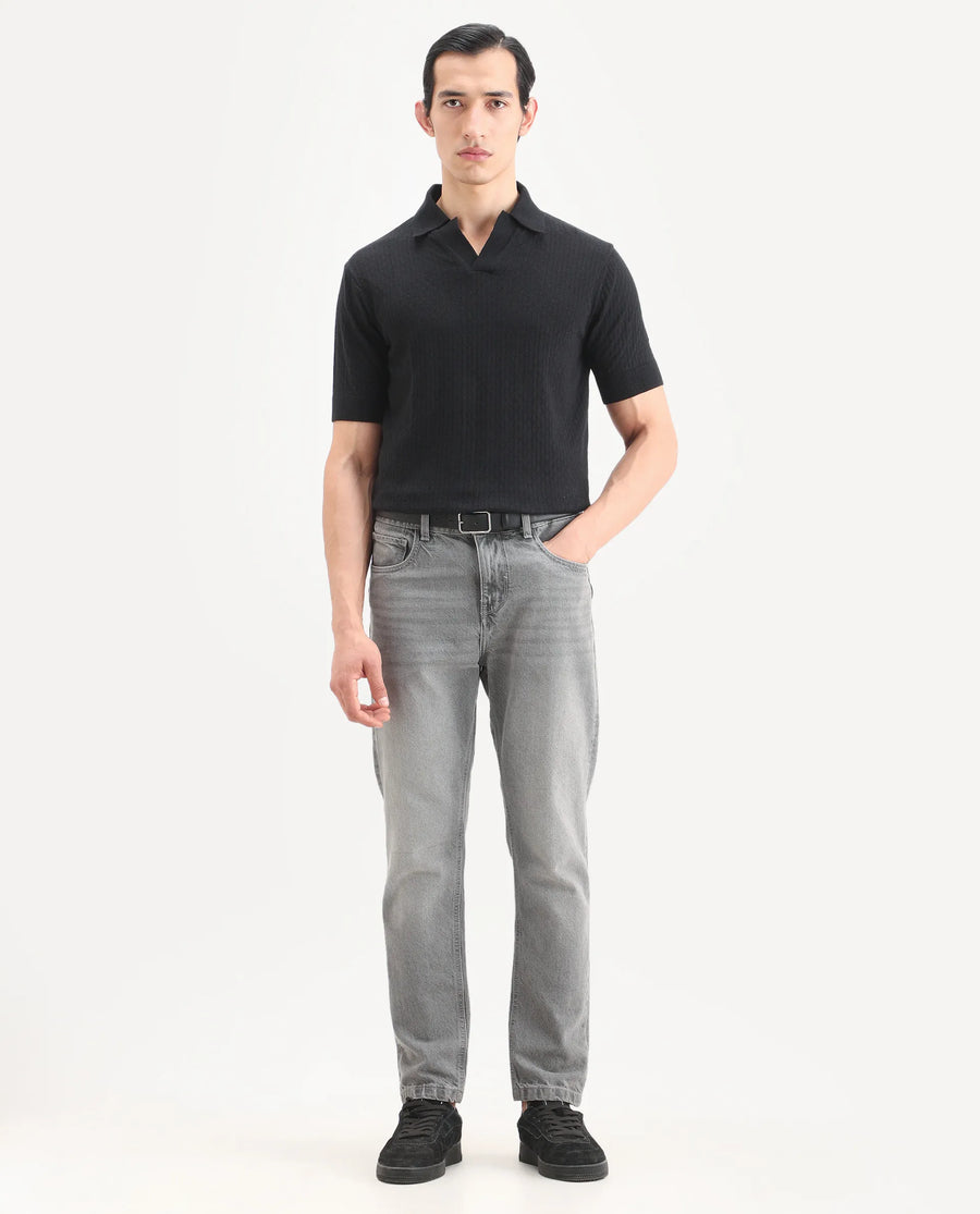 Rare Rabbit Men's Flay Black Cotton Fabric Half Sleeve Johnny Collar Regular Jacquard Polo