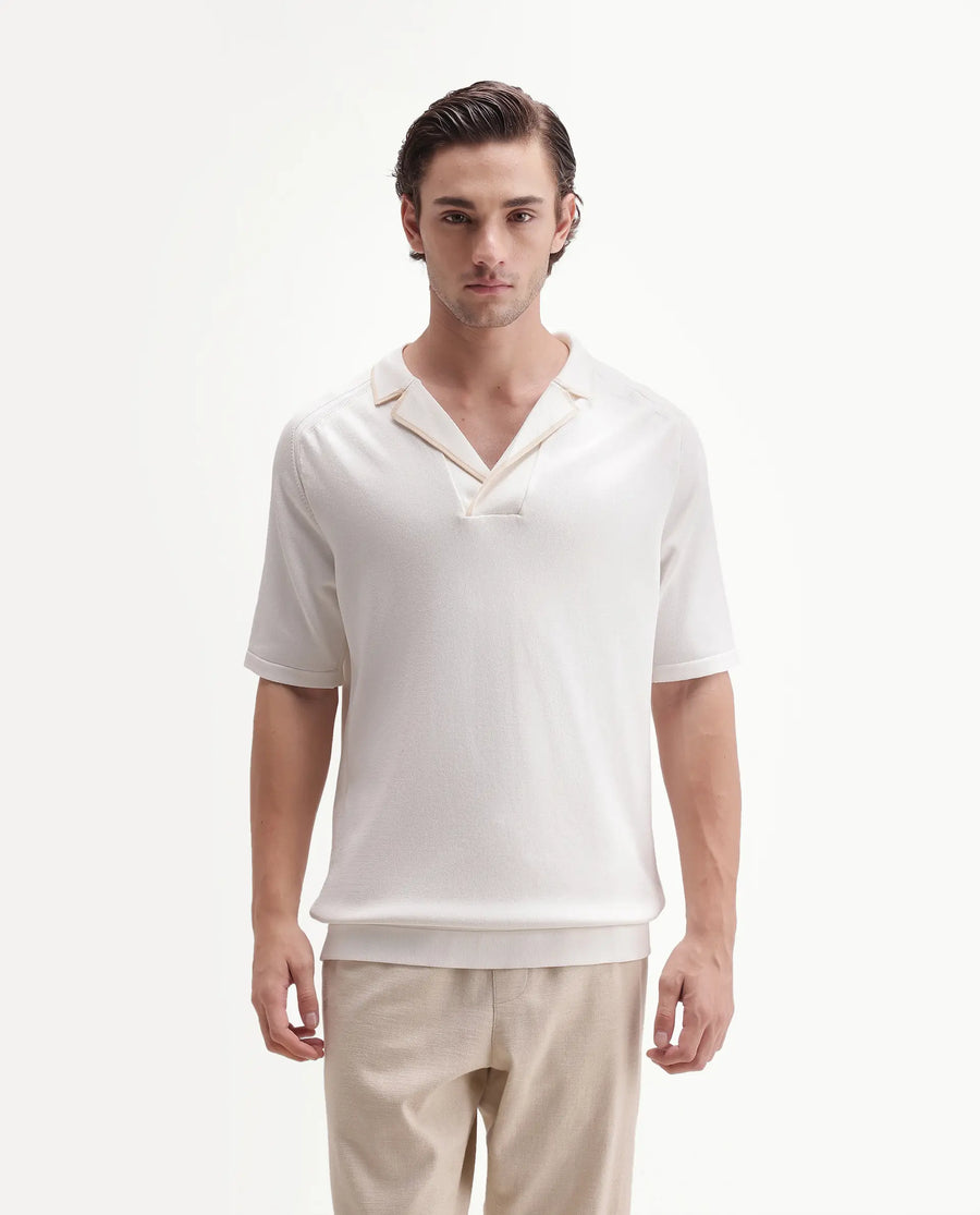 Rare Rabbit Men's Miri-Aw26 White Cotton Fabric Half Sleeve Cuban Collar Regular Fit Plain Polo