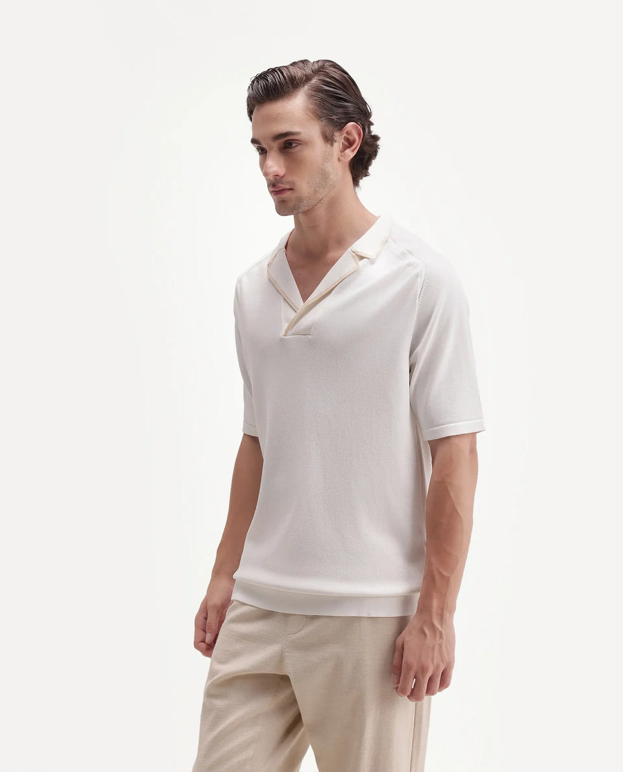 Rare Rabbit Men's Miri-Aw26 White Cotton Fabric Half Sleeve Cuban Collar Regular Fit Plain Polo
