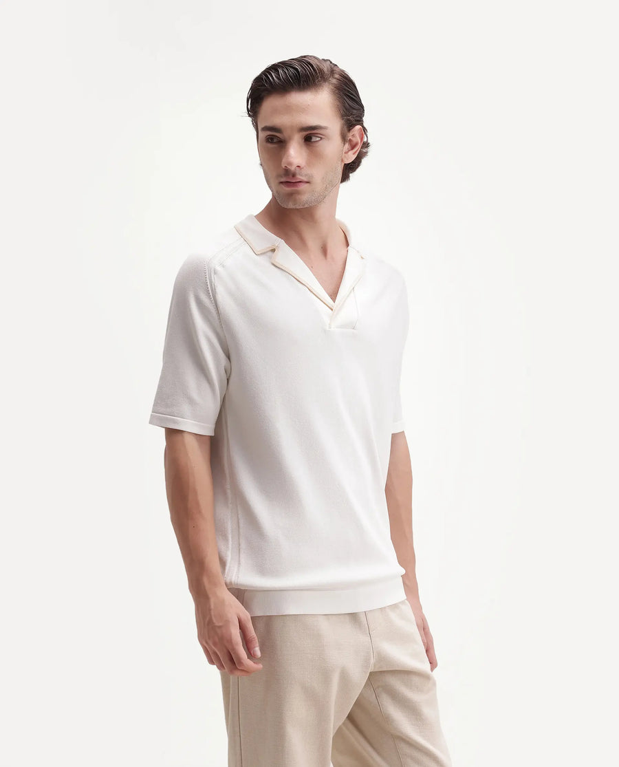 Rare Rabbit Men's Miri-Aw26 White Cotton Fabric Half Sleeve Cuban Collar Regular Fit Plain Polo