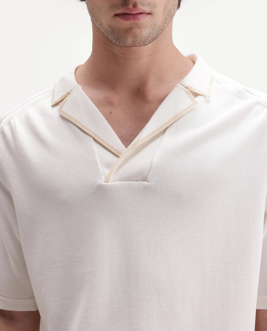 Rare Rabbit Men's Miri-Aw26 White Cotton Fabric Half Sleeve Cuban Collar Regular Fit Plain Polo