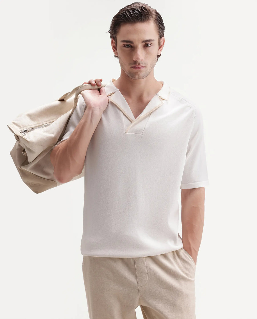Rare Rabbit Men's Miri-Aw26 White Cotton Fabric Half Sleeve Cuban Collar Regular Fit Plain Polo
