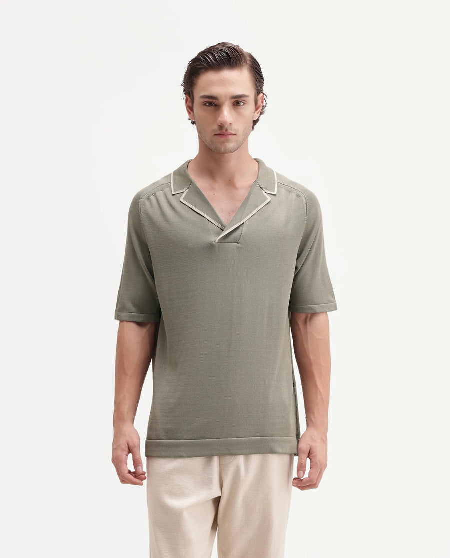 Rare Rabbit Men's Miri-Aw26 Dusky Green Cotton Fabric Half Sleeve Cuban Collar Regular Fit Plain Polo