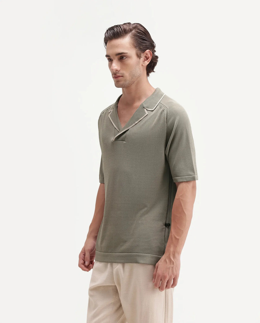 Rare Rabbit Men's Miri-Aw26 Dusky Green Cotton Fabric Half Sleeve Cuban Collar Regular Fit Plain Polo