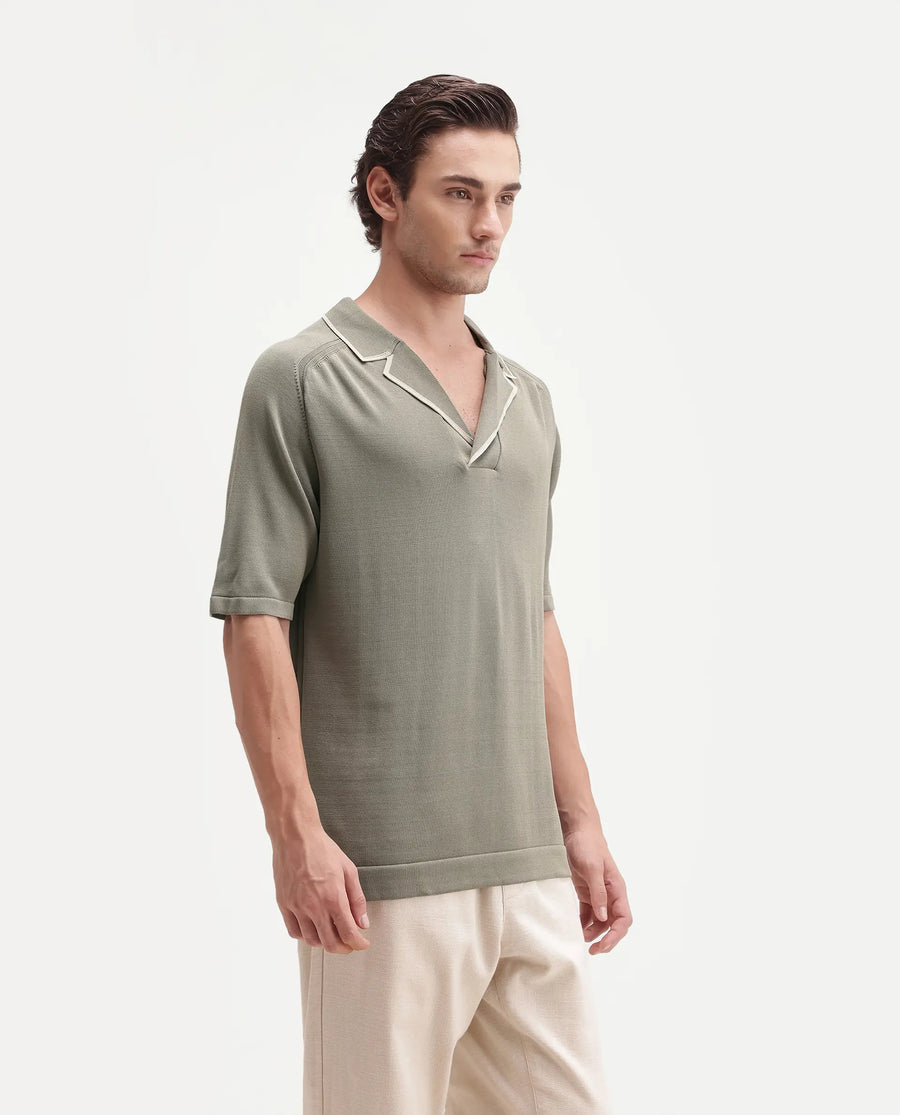 Rare Rabbit Men's Miri-Aw26 Dusky Green Cotton Fabric Half Sleeve Cuban Collar Regular Fit Plain Polo