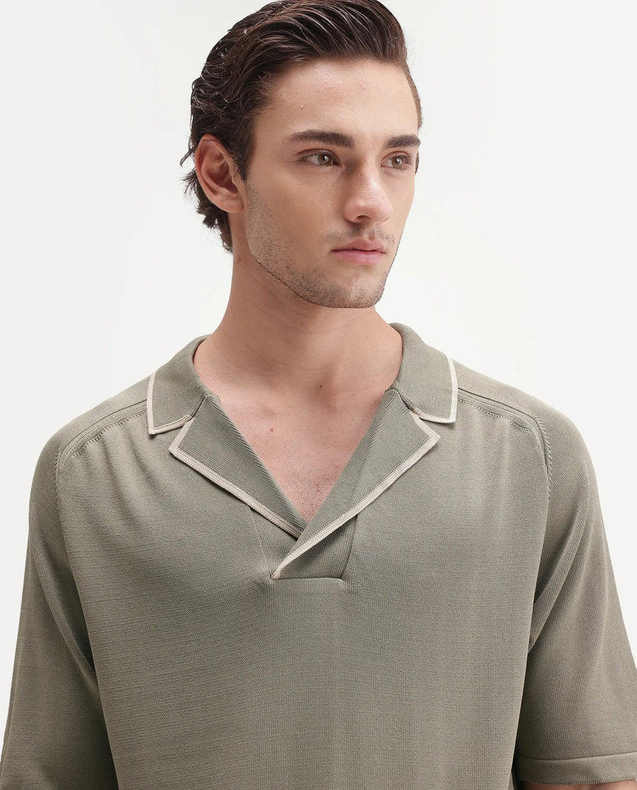 Rare Rabbit Men's Miri-Aw26 Dusky Green Cotton Fabric Half Sleeve Cuban Collar Regular Fit Plain Polo