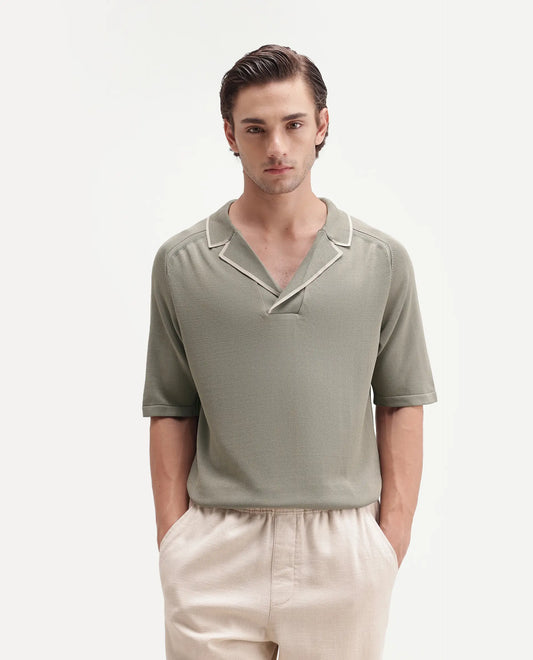Rare Rabbit Men's Miri-Aw26 Dusky Green Cotton Fabric Half Sleeve Cuban Collar Regular Fit Plain Polo