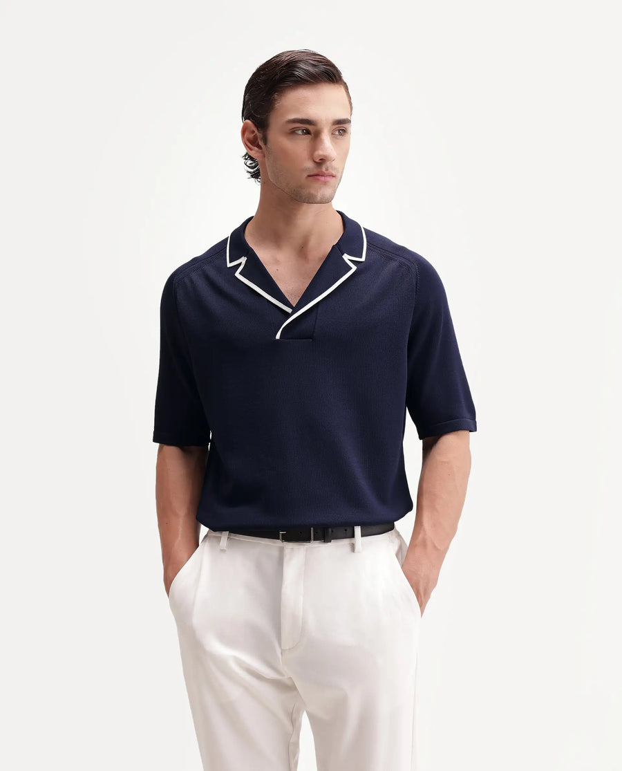 Rare Rabbit Men's Miri-Aw26 Dark Navy Cotton Fabric Half Sleeve Cuban Collar Regular Fit Plain Polo