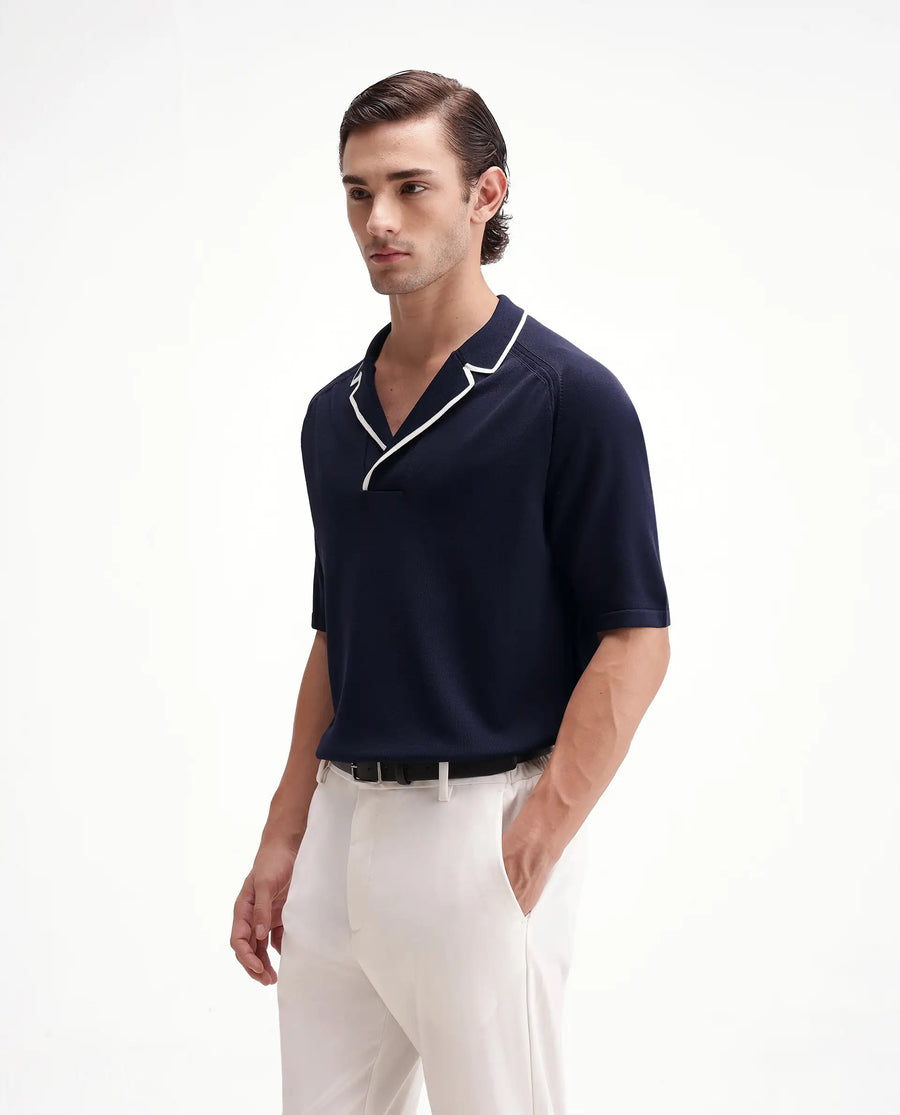 Rare Rabbit Men's Miri-Aw26 Dark Navy Cotton Fabric Half Sleeve Cuban Collar Regular Fit Plain Polo