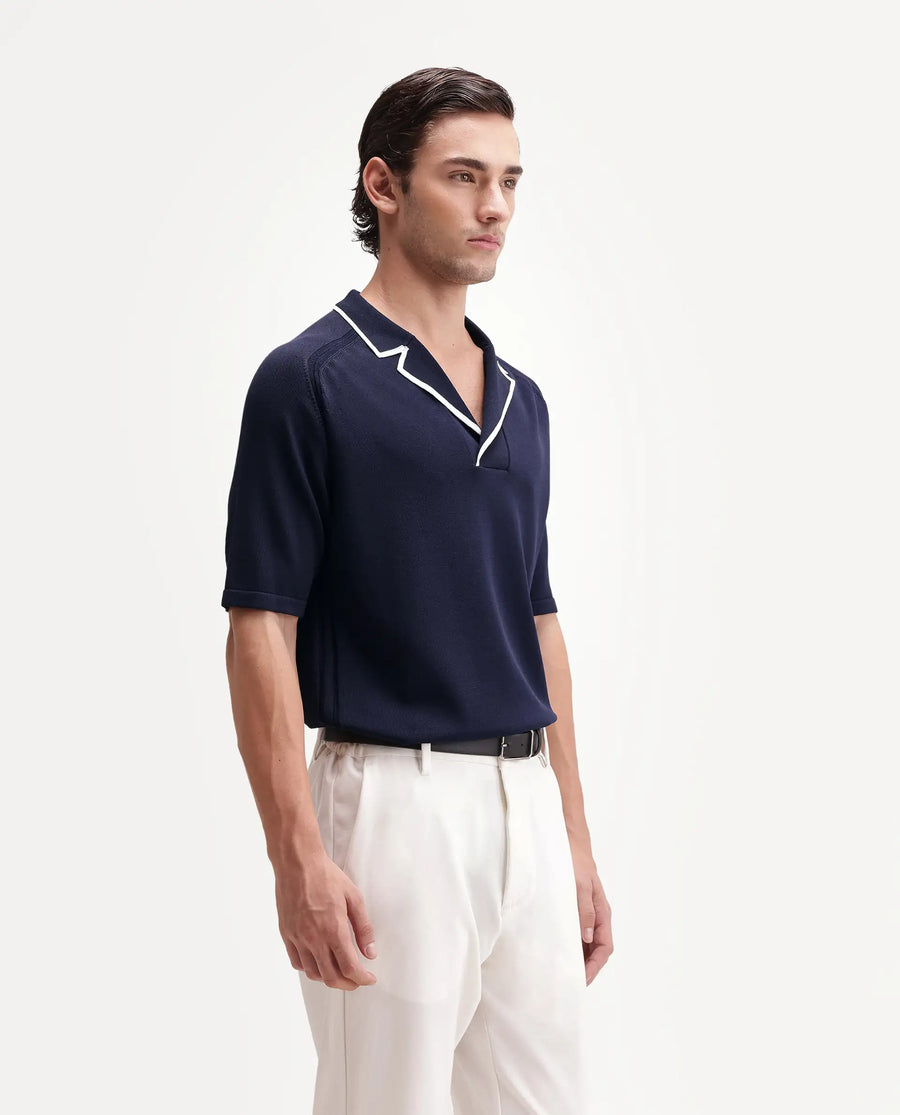 Rare Rabbit Men's Miri-Aw26 Dark Navy Cotton Fabric Half Sleeve Cuban Collar Regular Fit Plain Polo