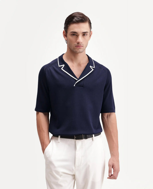 Rare Rabbit Men's Miri-Aw26 Dark Navy Cotton Fabric Half Sleeve Cuban Collar Regular Fit Plain Polo