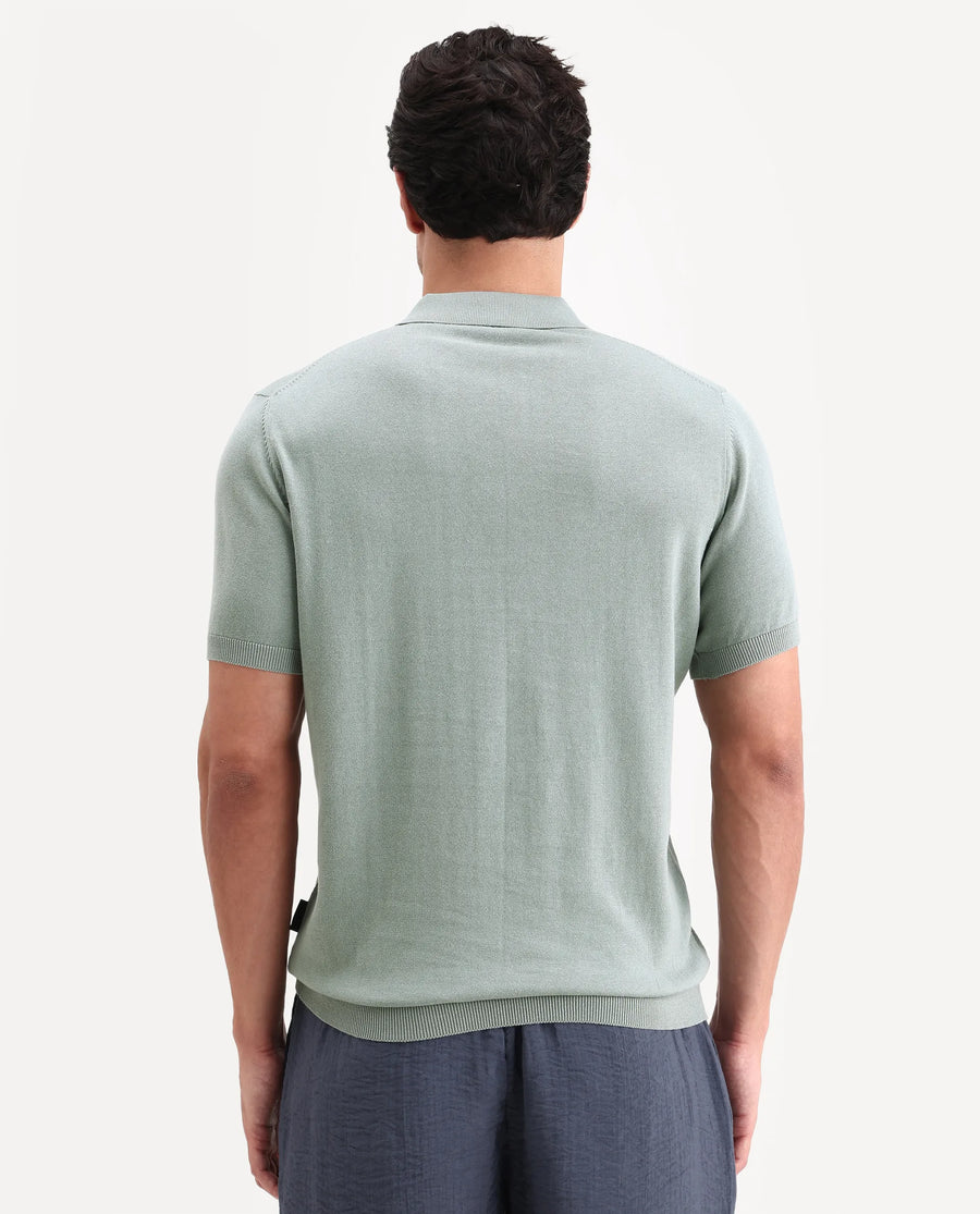Rare Rabbit Men's Arc Pastel Green Cotton Fabric Half Sleeve Spread Collar Regular Plain Polo
