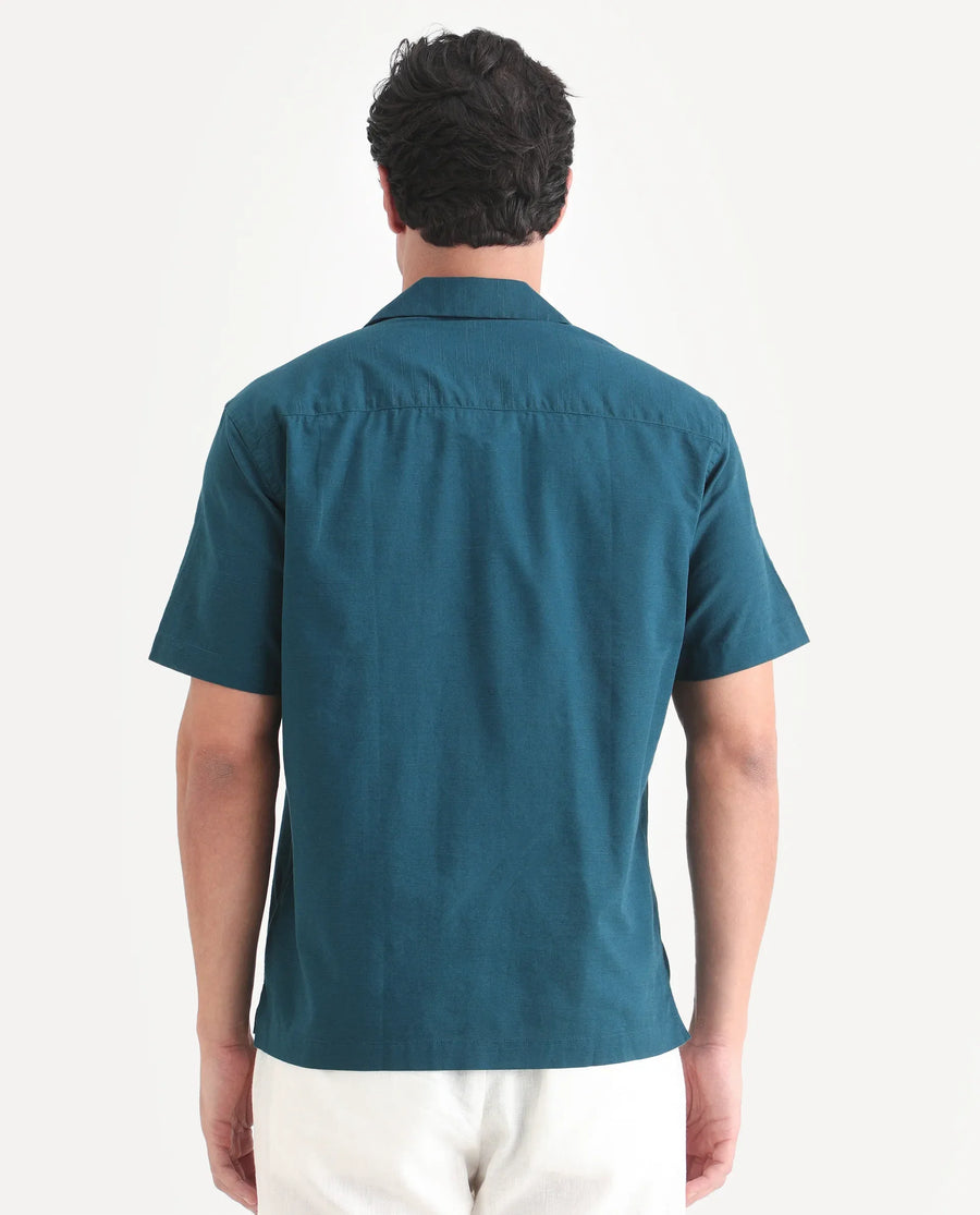 Rare Rabbit Men's Eron Dark Teal Cotton Fabric Half Sleeve Cuban Collar Relaxed Fit Embroidered Shirt