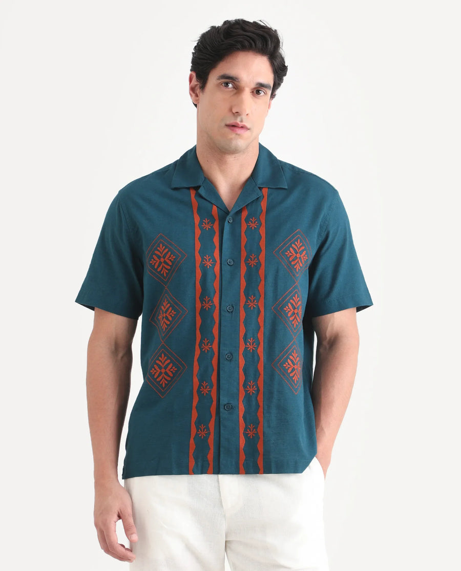Rare Rabbit Men's Eron Dark Teal Cotton Fabric Half Sleeve Cuban Collar Relaxed Fit Embroidered Shirt