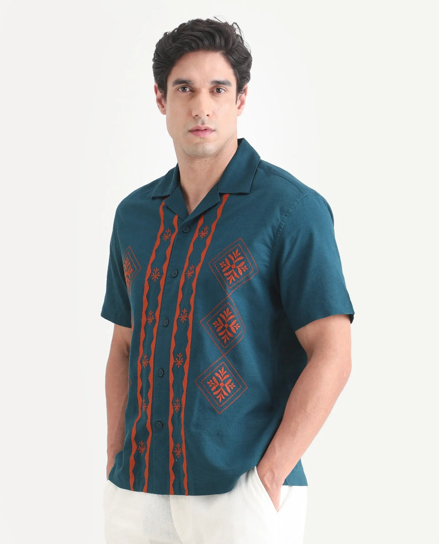 Rare Rabbit Men's Eron Dark Teal Cotton Fabric Half Sleeve Cuban Collar Relaxed Fit Embroidered Shirt