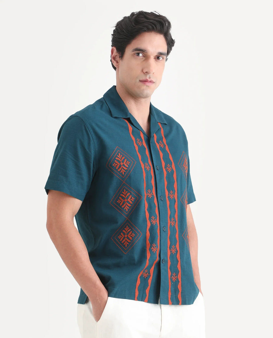 Rare Rabbit Men's Eron Dark Teal Cotton Fabric Half Sleeve Cuban Collar Relaxed Fit Embroidered Shirt