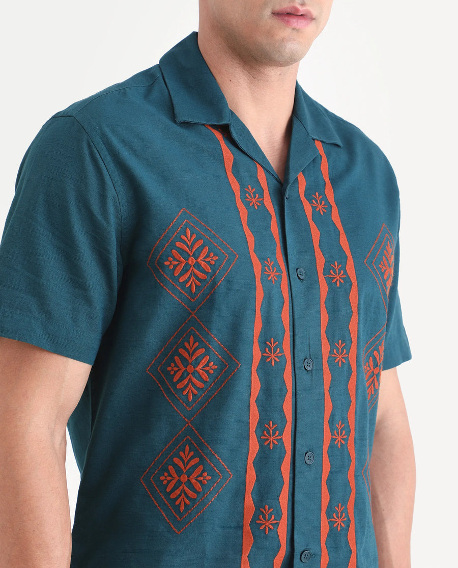 Rare Rabbit Men's Eron Dark Teal Cotton Fabric Half Sleeve Cuban Collar Relaxed Fit Embroidered Shirt