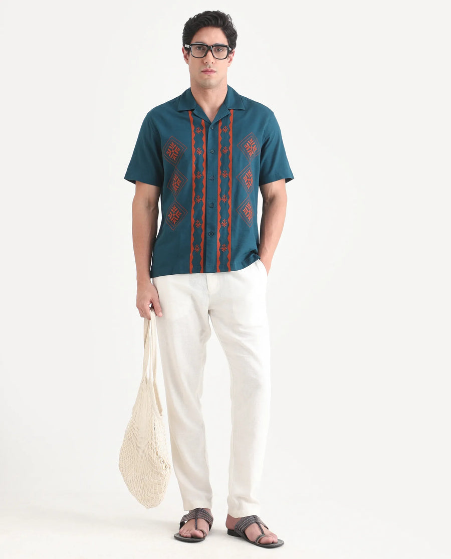 Rare Rabbit Men's Eron Dark Teal Cotton Fabric Half Sleeve Cuban Collar Relaxed Fit Embroidered Shirt