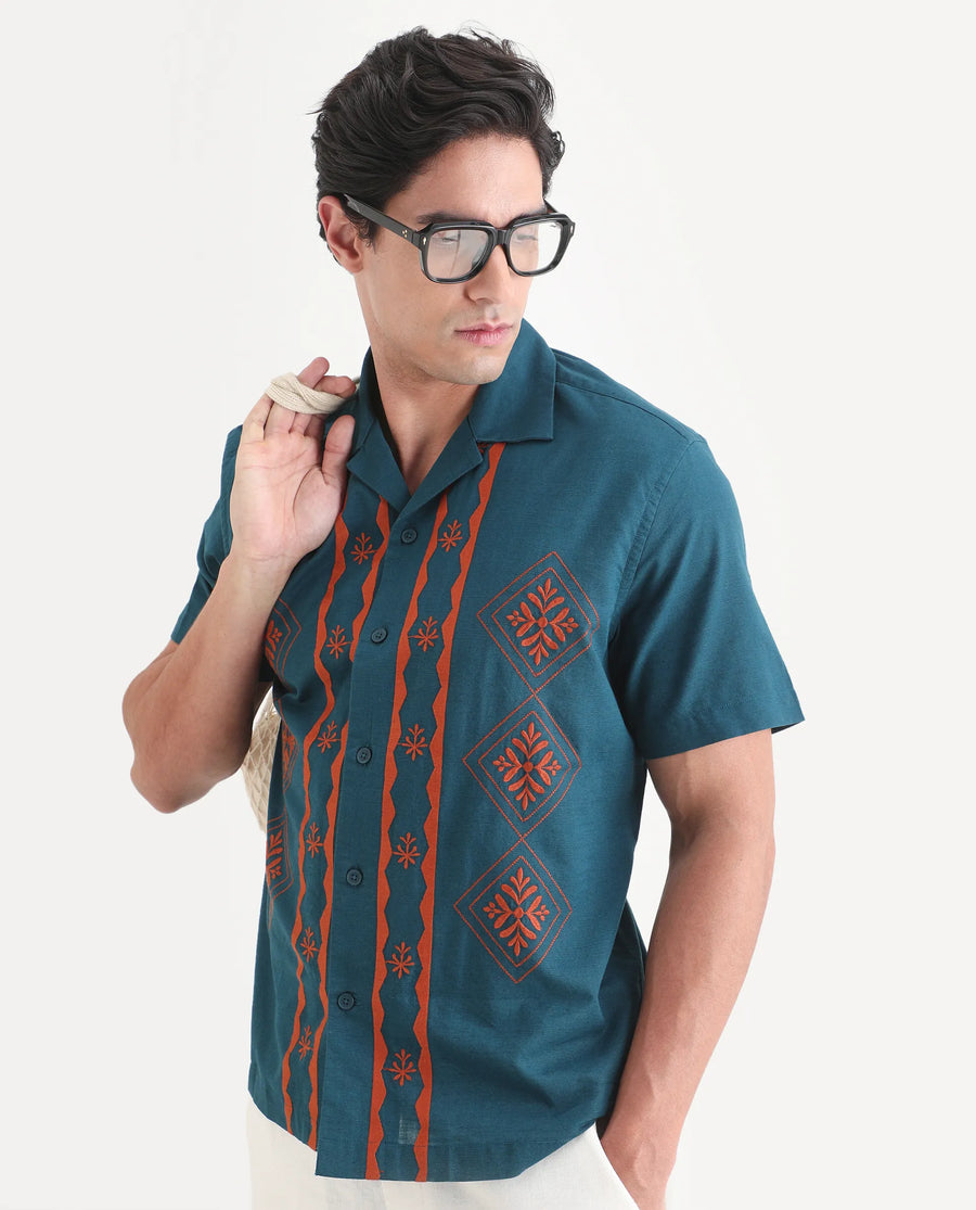 Rare Rabbit Men's Eron Dark Teal Cotton Fabric Half Sleeve Cuban Collar Relaxed Fit Embroidered Shirt