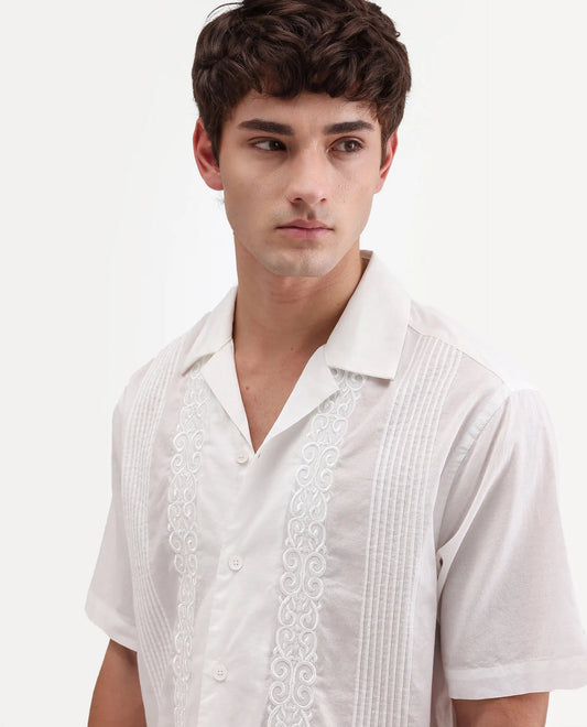 Rare Rabbit Men's Tuko White Cotton Fabric Half Sleeve Cuban Collar Relaxed fit Embroidered Shirt