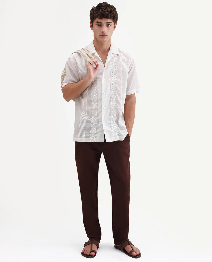 Rare Rabbit Men's Tuko White Cotton Fabric Half Sleeve Cuban Collar Relaxed fit Embroidered Shirt